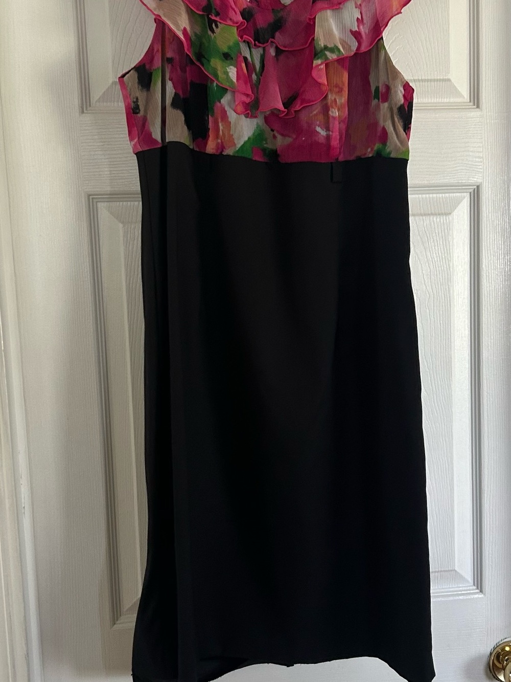 Sleeveless Black Shift Dress with Pink Floral Ruffled Bodice - Knee Length